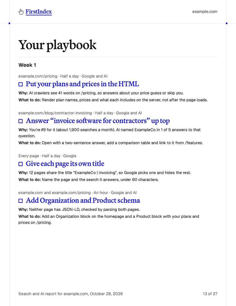 Example page: three changes from the playbook, each with the page, the time it takes, why and what to do